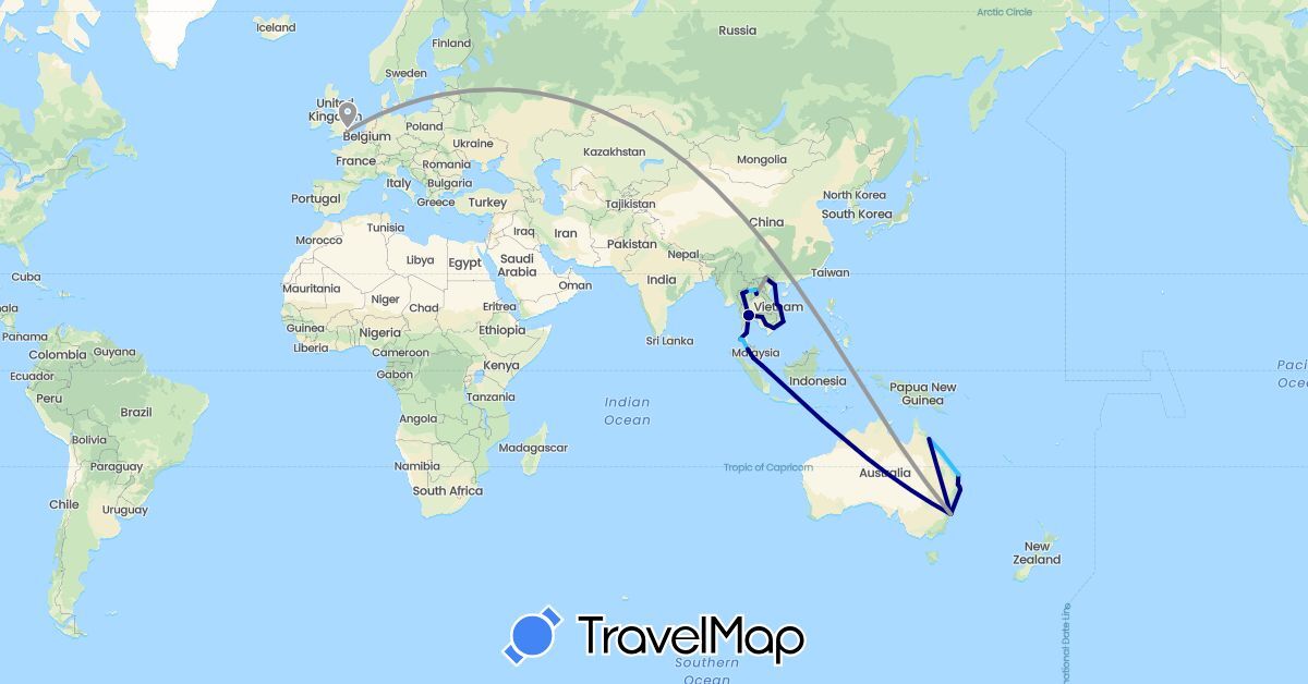 TravelMap itinerary: driving, plane, boat in Australia, United Kingdom, Cambodia, Laos, Malaysia, Philippines, Singapore, Thailand, Vietnam (Asia, Europe, Oceania)